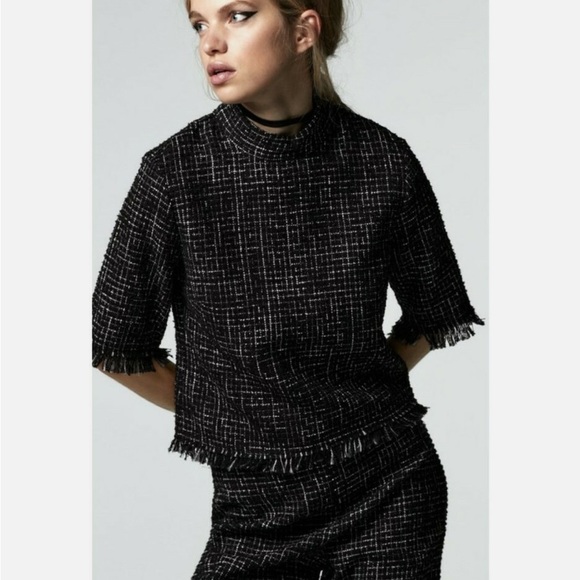 Zara | Black & White Frayed Tweed Pant Set | Size M (includes both pieces) - Picture 2 of 8